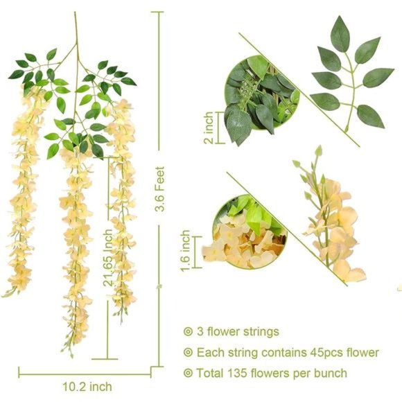 12 Pack(Total 43.2 Feet) Artificial Fake Wisteria Vine Rattan Hanging Garland - Picture 2 of 6